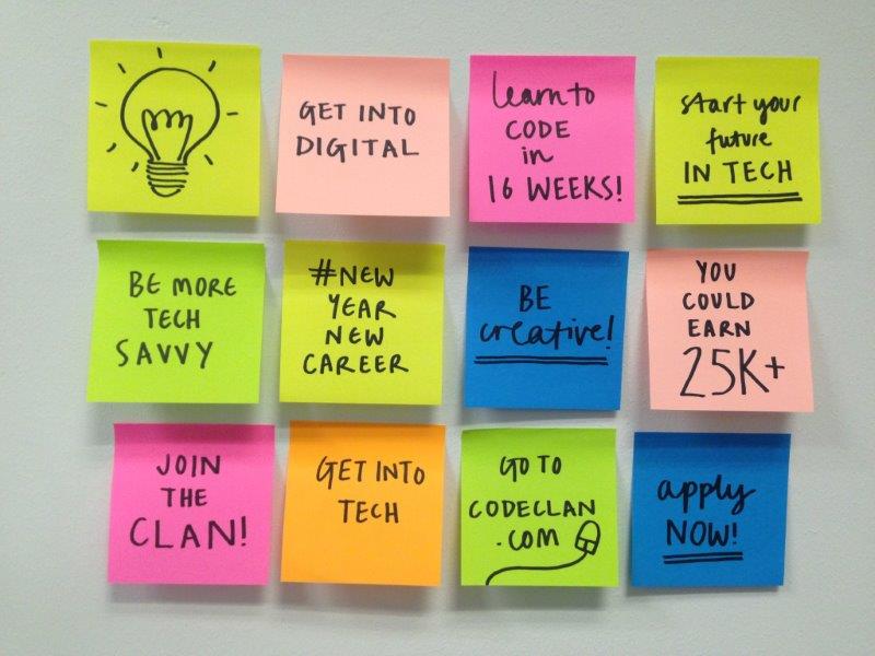 Post-it notes showing the benefits of taking a course at CodeClan