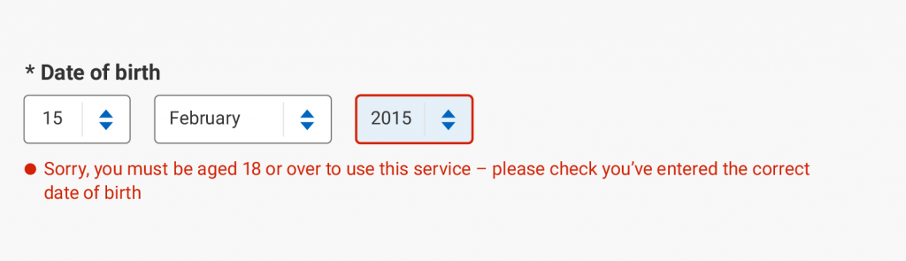 An example of a form error resulting from a date of birth field