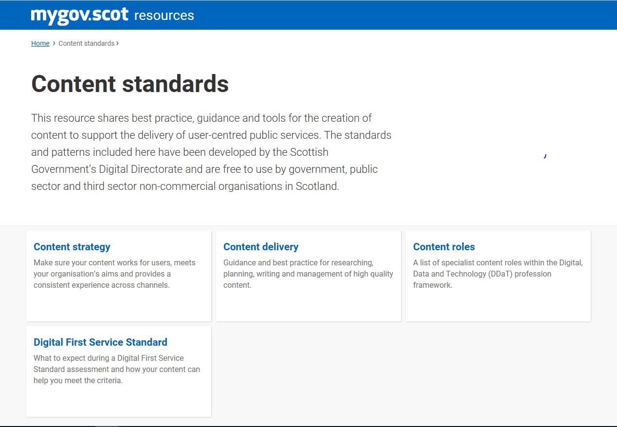 Screenshot of content standards which lists the following cateogries: content strategy, content delivery, content roles and digital first service standard.