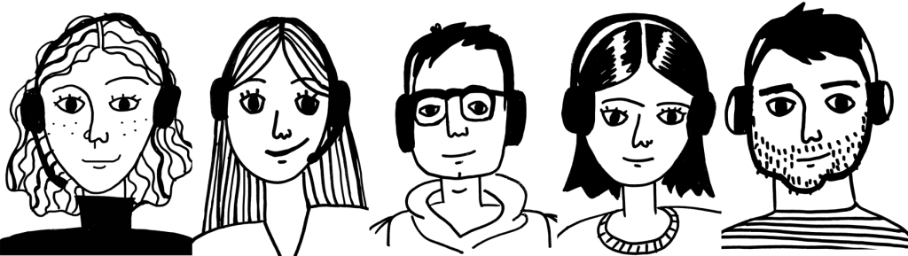line drawings of 5 people with headsets 