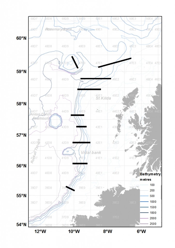 Scotia 1215S Figure 1 - Shelf slope with approx position of survey trawl transects