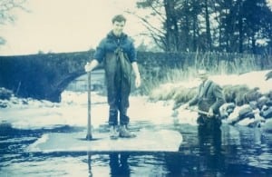 Taken a few metres upstream from the Girnock trap April, 1970. Breaking the ice up to clear the trap.