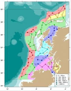 Figure 1: 0318S – 2018 ICES Subarea VIa Survey Strata showing primary and secondary stations