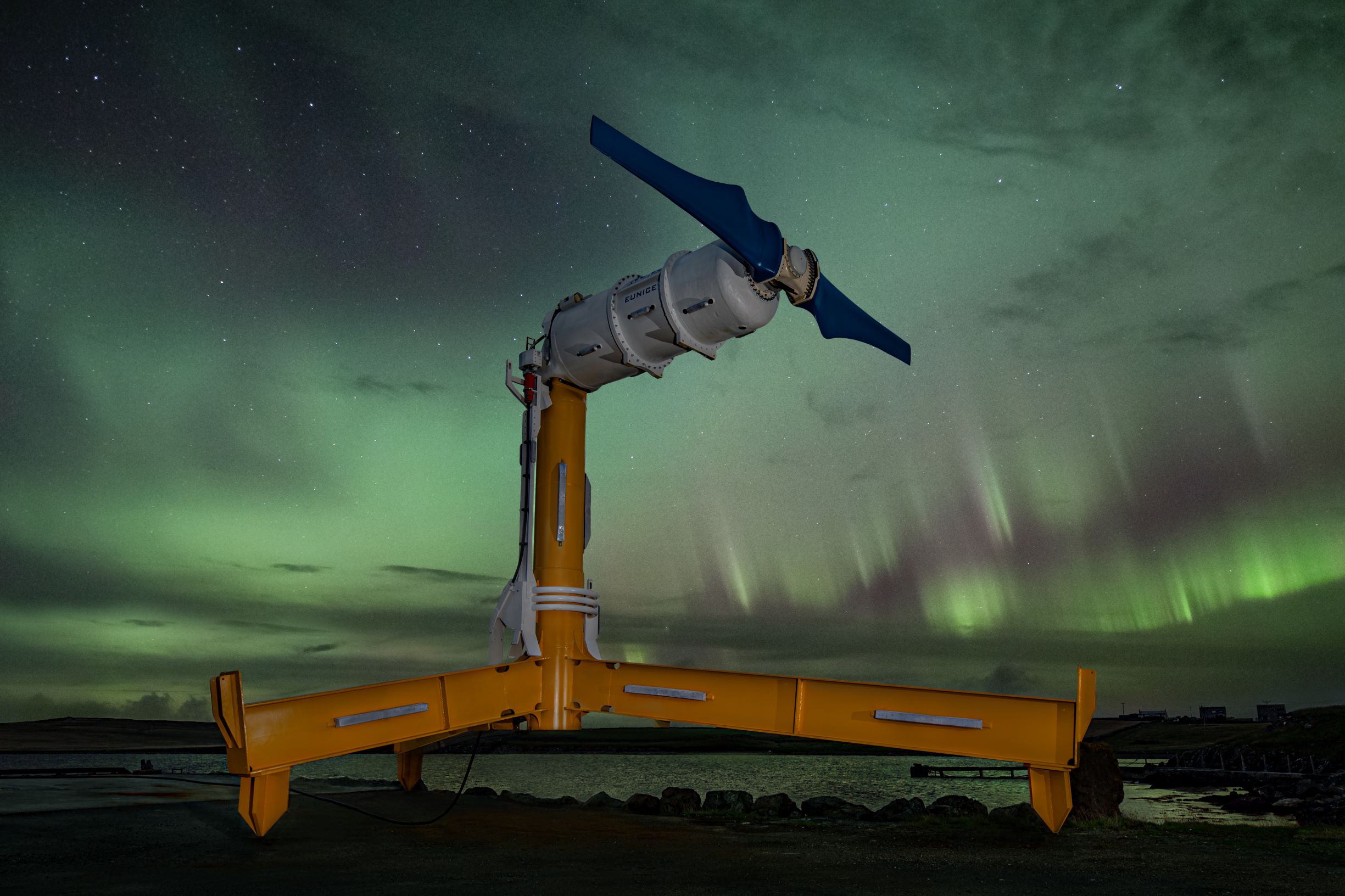 Fourth turbine in the Shetland Tidal Array, ‘Eunice’ with the Northern Lights in the background.tidal turbine. Copyright Nova Innovation