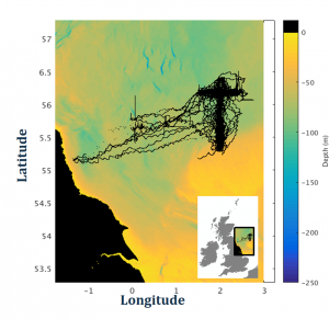 Map of the sea off the coast of Blyth plotting the track of the gliders