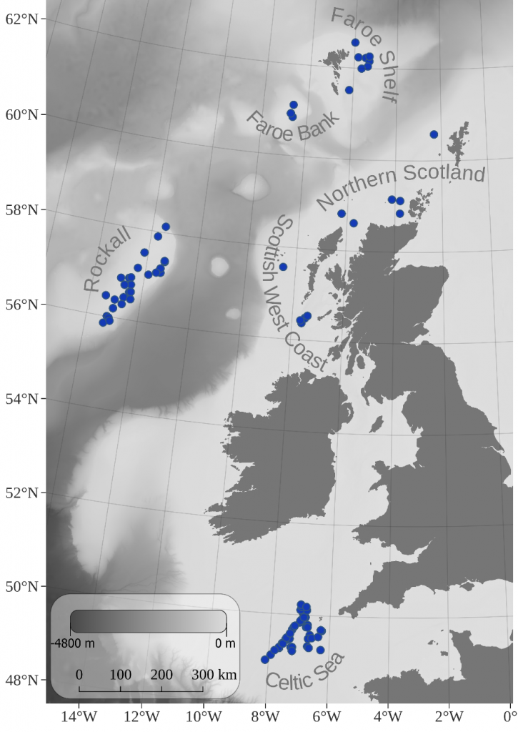  Sampling locations across the North-East Atlantic Ocean for 503 blue skate  that were used for population genomic analyses