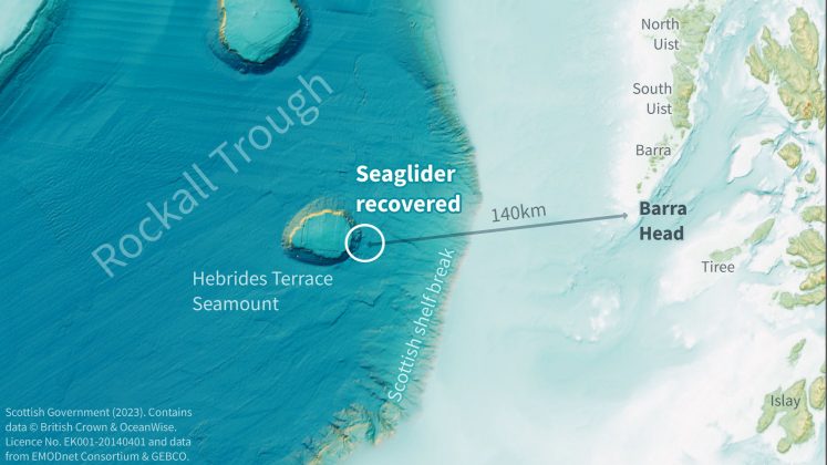 Map showing location where the Seaglider was recovered in Rockall Trough. An arrow from Barra Head marks the 140km distance to the recovery area. On the right hand side of the map, Outer Hebrides Islands are featured.