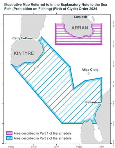 Illustrative map of the areas closed to fishing under The Sea Fish (Prohibition on Fishing) (Firth of Clyde) Order 2024. Area one off the coast of Arran and area two between Kintyre and Ballantrae are described in the schedule of the Scottish Statutory Instrument (SSI)