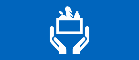 white graphic on blue background depicting hands holding up a box of food