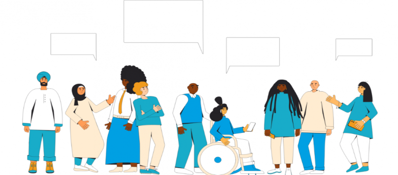 Illustration of diverse people with speech bubbles overhead