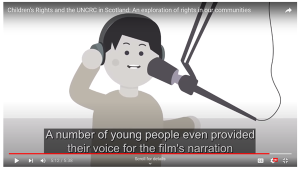 Video still of the final animation showing a cartoon of a young person speaking into a microphone with the subtitle "a number of young people even provided their voice for the film's narration". 
