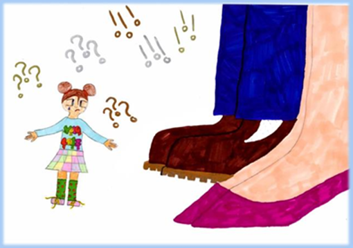 Children's drawing of a very small child standing by the feet of two adults, with question marks and exclamation marks indicating the feelings of the child