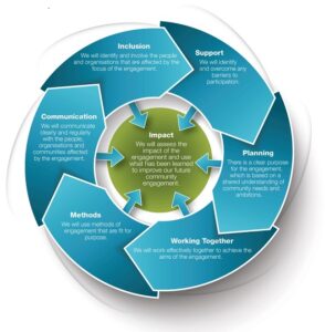 A diagram detailing the 7 standards: inclusion, support, planning, working together, methods, communication, and impact