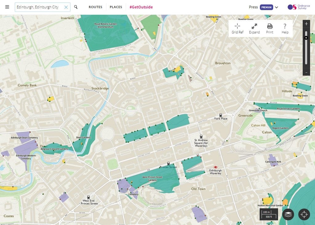 A screenshot of the Scottish Greenspace Map showing the green spaces in Edinburgh. 