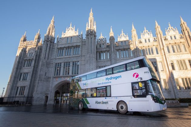 The world’s first hydrogen double decker bus parked in front of Marischal College