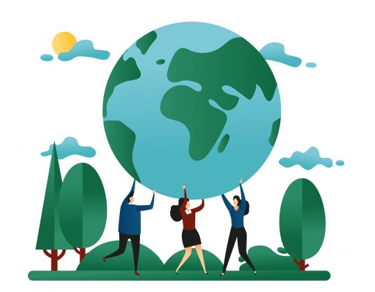 Illustration of people holding the Earth