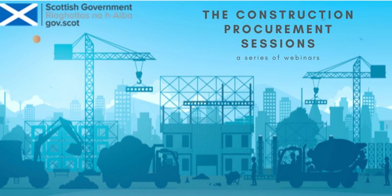 Illustration promoting the webinars, layered blue silhouettes of construction machinery, the scottish government logo and the title of the sessions