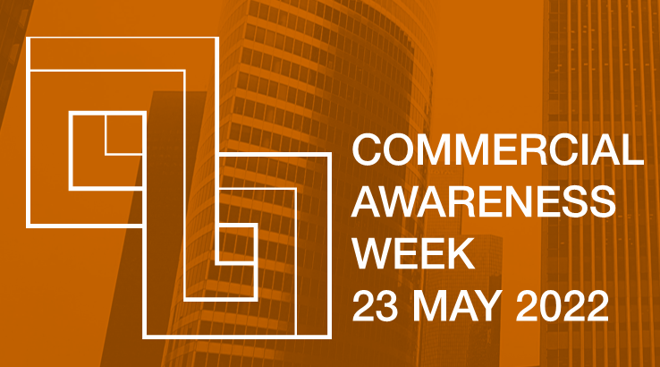 Orange toned image of a building with Commercial Awareness Week 23 May 2022 written in white text