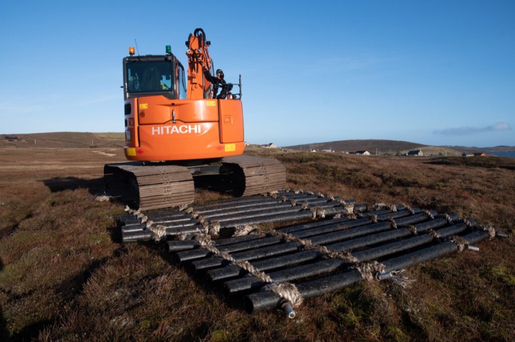 Inventive bog mats made from repurposed materials from local aquaculture waste products. Image credit: © Shetland Islands Council
